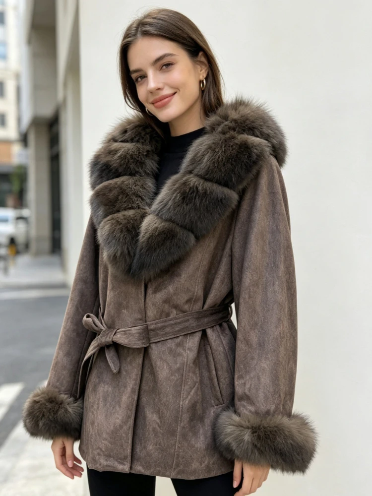Premium Real Fox Fur Collar Suede Puffer Jacket Adjustable Belt Down Jacket for Women and Slim Fit Vintage Elegant and Warm Coat