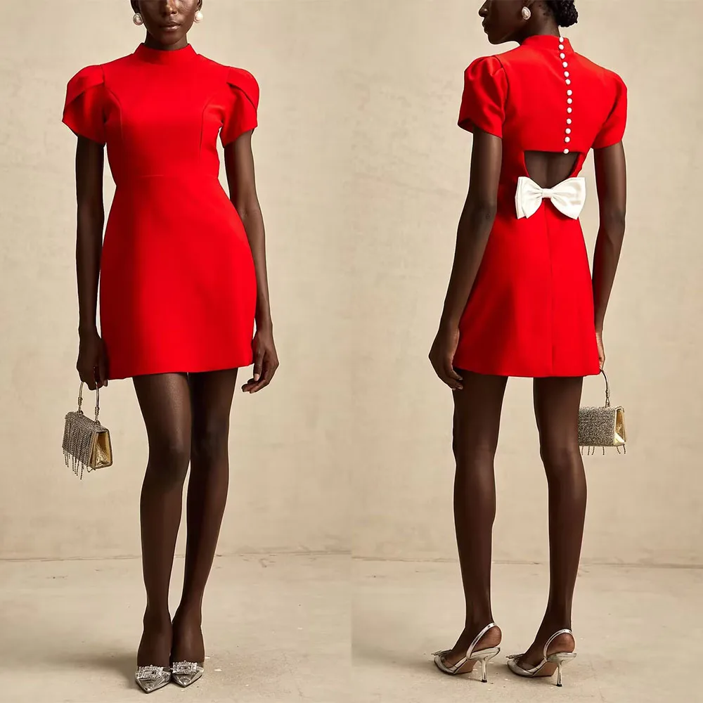 

Customized High Collar Above Knee Red Short Sleeves Elegant Dress Women for Wedding Party Vestidos Para Bodas Mujer Invitada