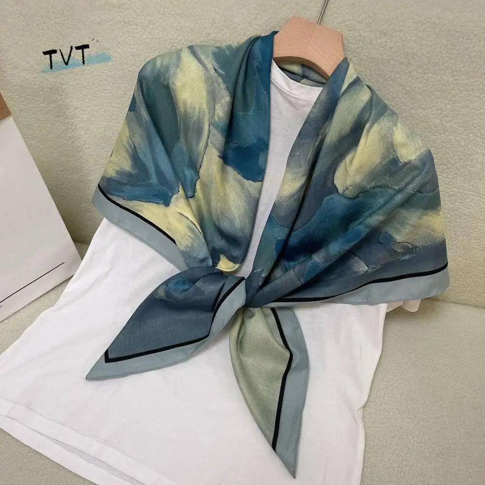 

Elegant 110cm Large Square Headscarf Sunscreen Shawl Ink Wash Printing Head Neck Scarf Beach All-match Women Silk Scarf Autumn