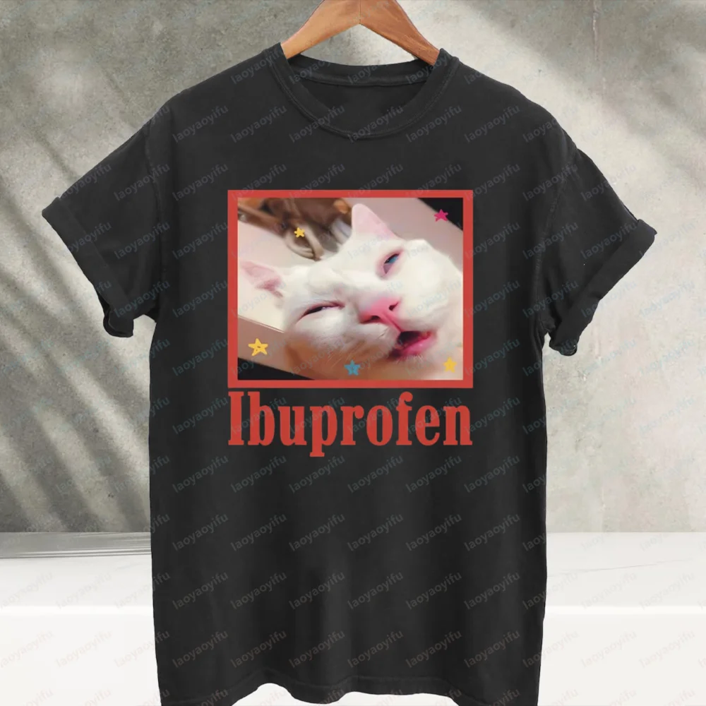 Ibuprofen Meme White Cat Graphic T‑Shirt Funny Sleepy High Cat Meme Photo with Colorful Stars Print Cotton Casual Streetwear Tee
