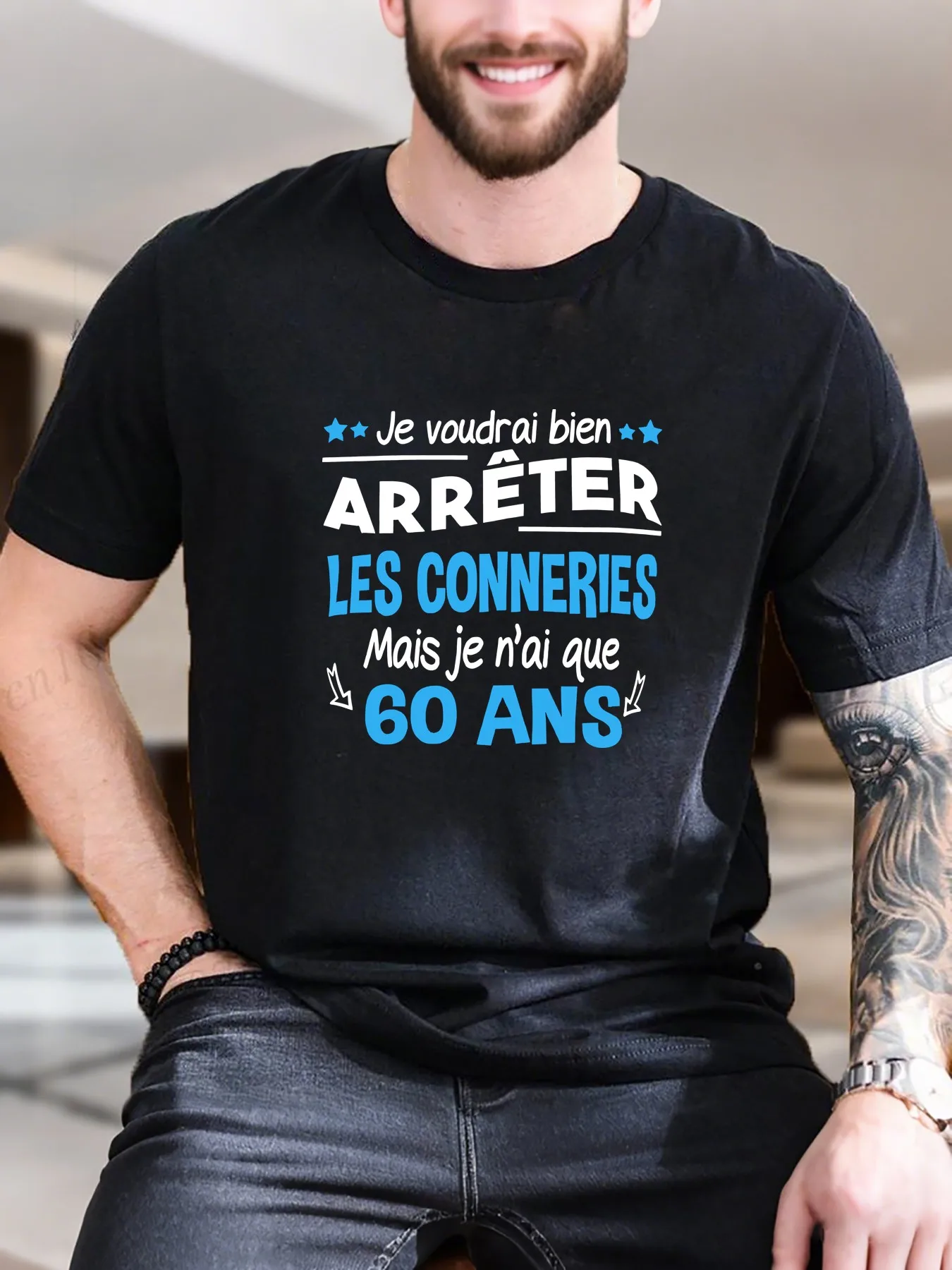 

New Arrival Fashion Men's Printed Short Sleeve T-Shirt Soft 100% Cotton Stylish Arafter Logo with French Text Blue Arrows Design