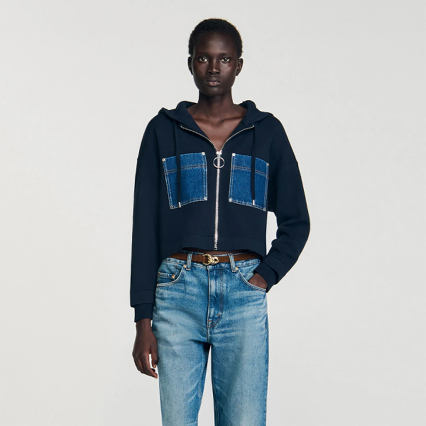 

Women's Casual Patchwork Denim Hooded Zipper Knitted Open Cardigan Autumn Winter New Sle Comfortable Medium Soft Long Sve