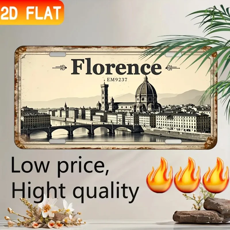 مسطحة ثنائية الأبعاد، قطعة واحدة من لوحة لافتة ديكور الحائط المصنوعة من الألومنيوم العتيق - فن المناظر الطبيعية في فلورنسا إيطاليا، لافتة معدنية على الطراز الصناعي لمقهى البار