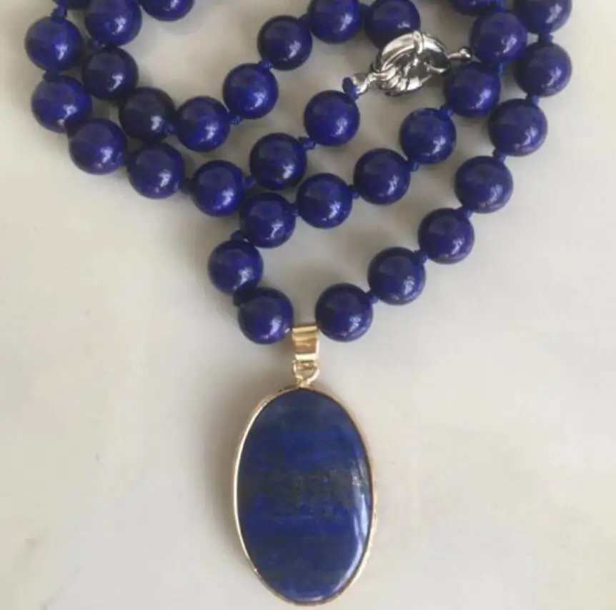 

8MM blue Lapis Lazuli s Beads Necklace 18" & 18x28mm