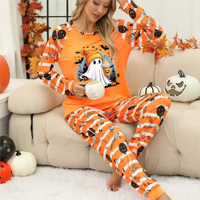 

Halloween Pumpkin Print Two-piece Set Split Long Sleeved Long Pants Home Wear Pajamas Autumn Winter New Women's Home Wear 신상투피스