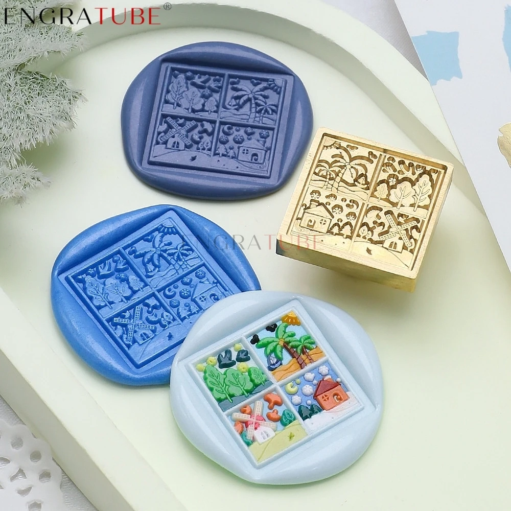 Square Sealing Wax Stamp Leaves Flower Four Seasons Grid Fruit Christmas Halloween Envelope Wedding Invitation Gift Packaging