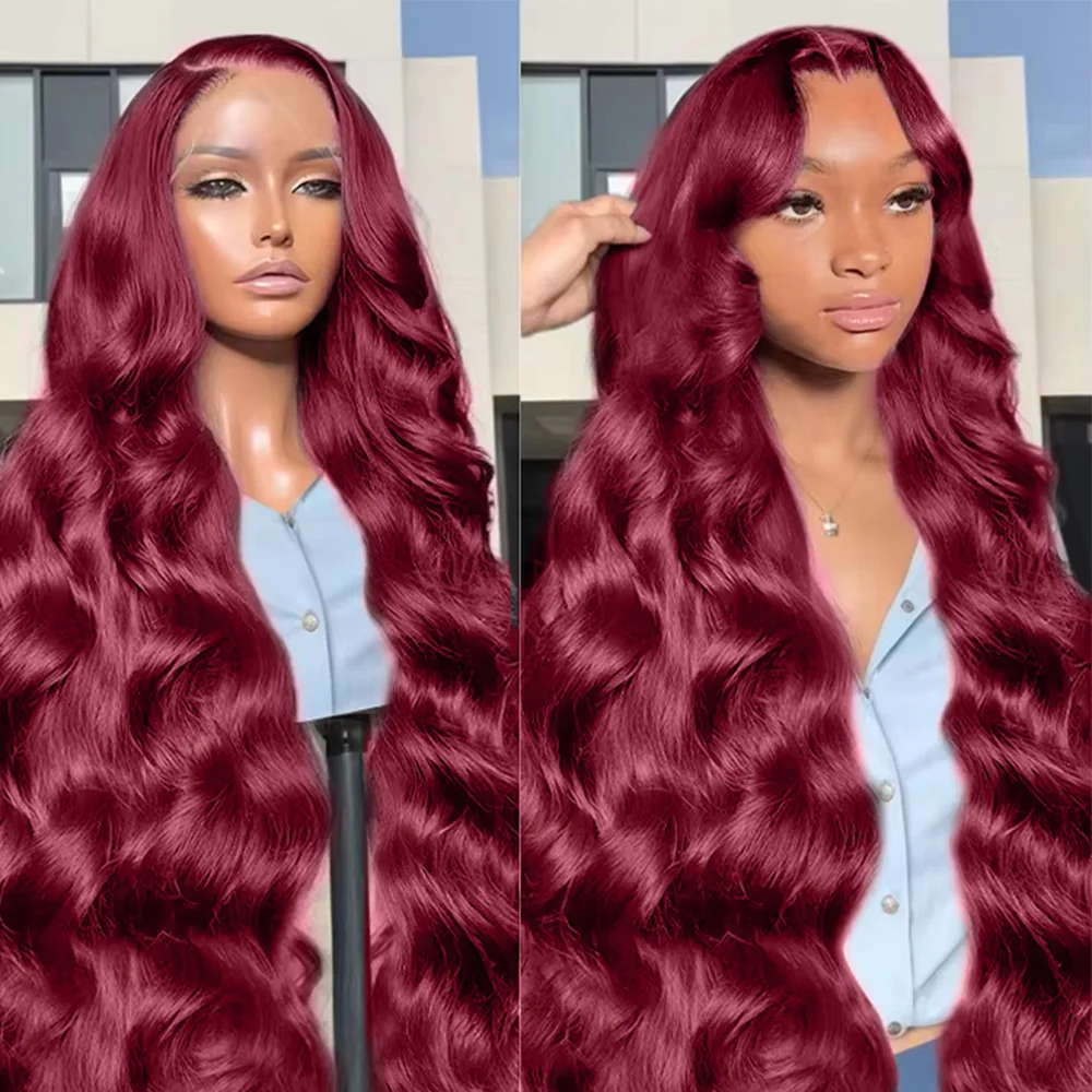 36 بوصة HD شفافة الجسم موجة 99J بورجوندي الدانتيل الجبهة الباروكات 13x6 HD الدانتيل أمامي الأحمر اللون الباروكات 100% الشعر البشري للنساء