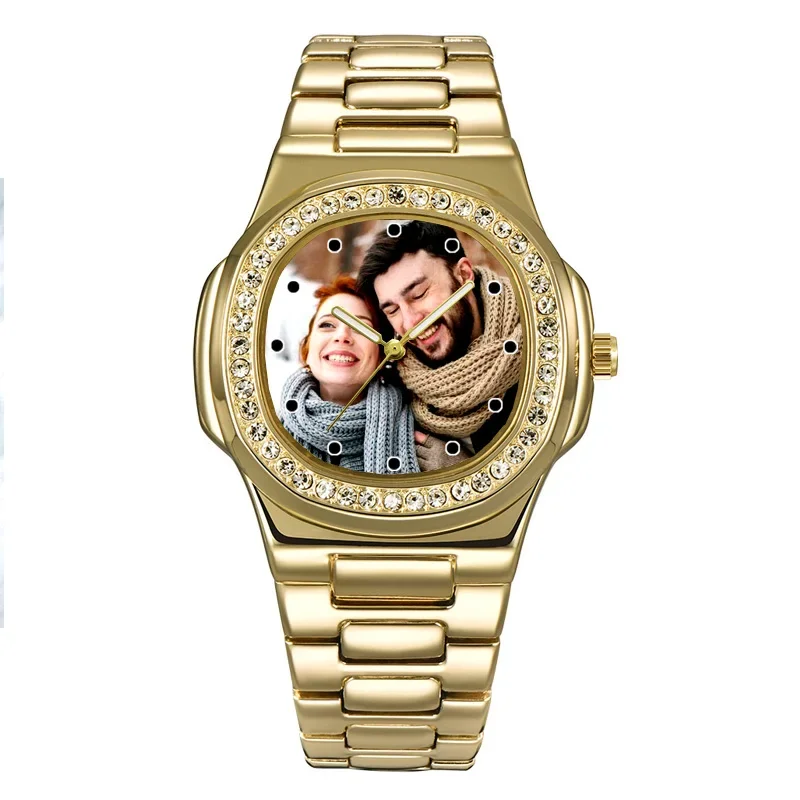 ساعة رجالية ذهبية اللون بحجر الراين وجه ساعة مخصصة مع تصميم صورة شعار صور ساعات شخصية ساعة ذاتية الصنع هدية للرجال