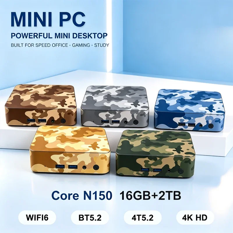 Camouflage Intel N150 Mini PC Windows 11 Compact Small Desktop PC Dual HDMI 4K Display For Home Office Daily Study Work
