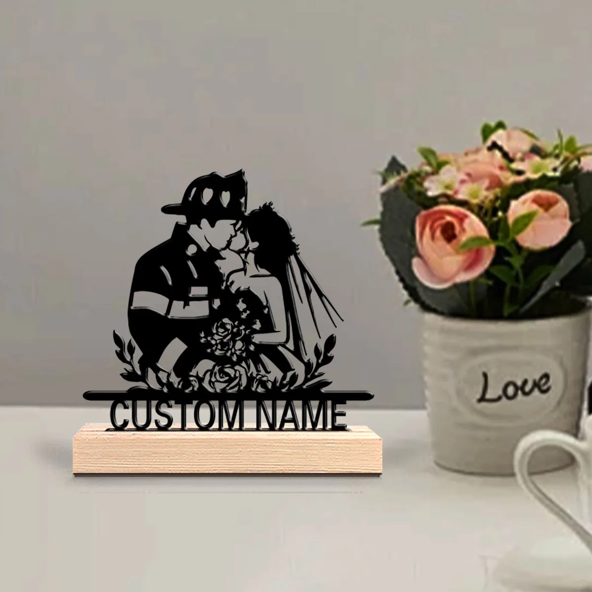 1 قطعة شخصية رومانسية مخصصة رجال الاطفاء والعرائس تماثيل معدنية فن معدني مع قاعدة خشبية إنها مناسبة كزفاف و #1
