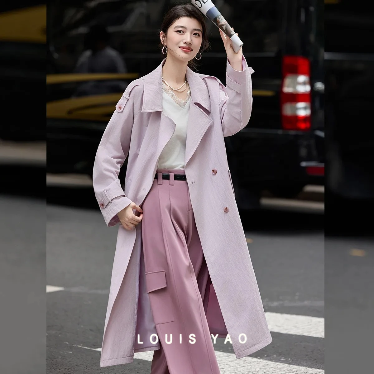 

LOUIS YAO New Commuting Windbreaker Long Coat 2025 Autumn Double-breasted with Belt Loose Cardigan Purple Women's Trench Coat