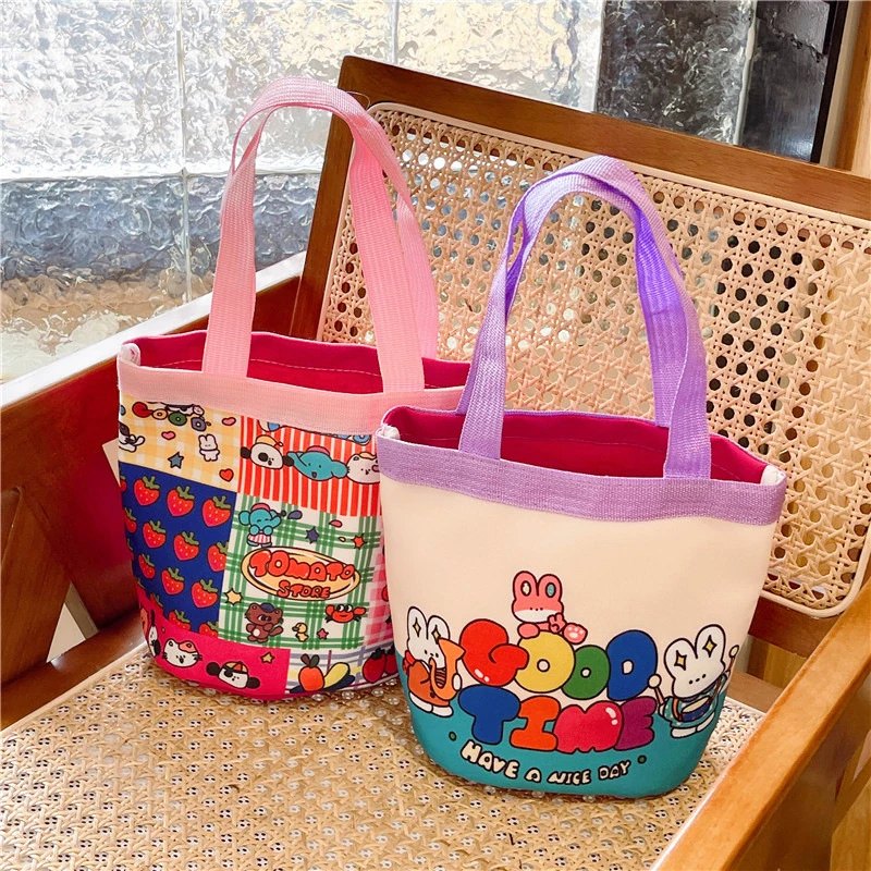 Lovely Cartoon Printed Bucket Bag Portable Canvas Tote Bag Students Lunch Cylinder Handbag