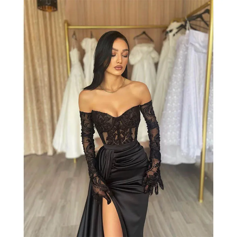 Vestido de noche de encaje de sirena negro Sexy para mujer, mangas largas, hombros descubiertos, vestido de fiesta Formal plisado, vestidos de graduación de abertura alta