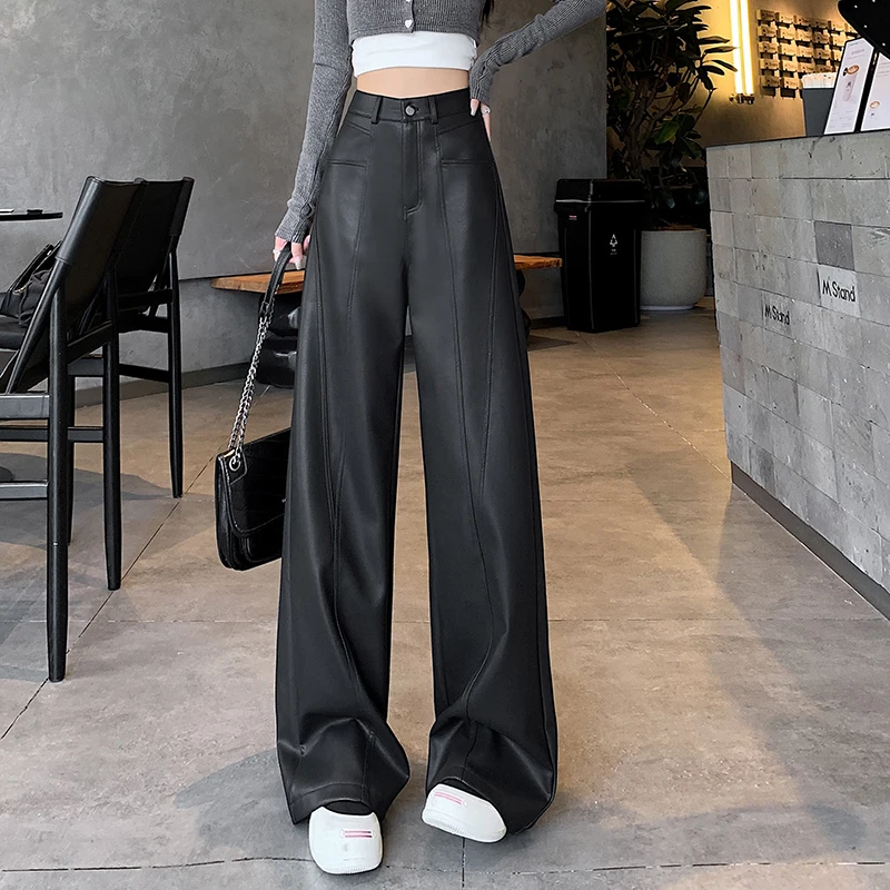 Matte PU Leather Wide Leg Pants Women's Loose Fitting Floor Length Straight Cut Retro Casual Drapey Trousers Coffee Color Hig...