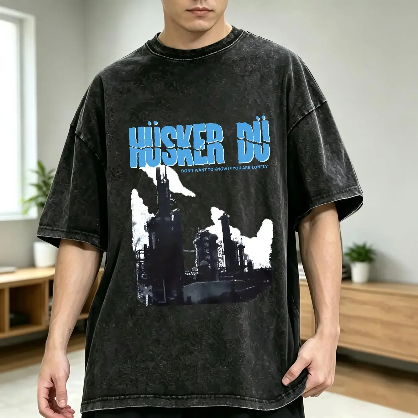 washed T Shirt husker du don want to know if you are lonely dark blue logo vintage Washed graphic Unisex Comfortable