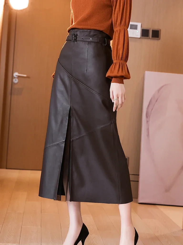 

Кожаная длинная юбка 85 см для женщин Feminina Chocolate Middle Mesh с высоким разрезом Faldas Largas Mujer Belt Black Ankle Wrap Maxi Jupe