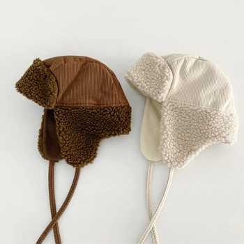 Chapéus de inverno infantis de lã de cordeiro com aba para os ouvidos, gorro para bebê, proteção para os ouvidos, esqui, gorro infantil para meninas e meninos