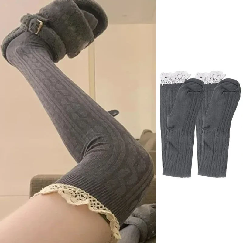 Chaussettes longues en dentelle tricotée pour femmes, style Lolita, au-dessus du genou, bas cuissardes tricotés, bas thermiques chauds pour filles, leggings longs