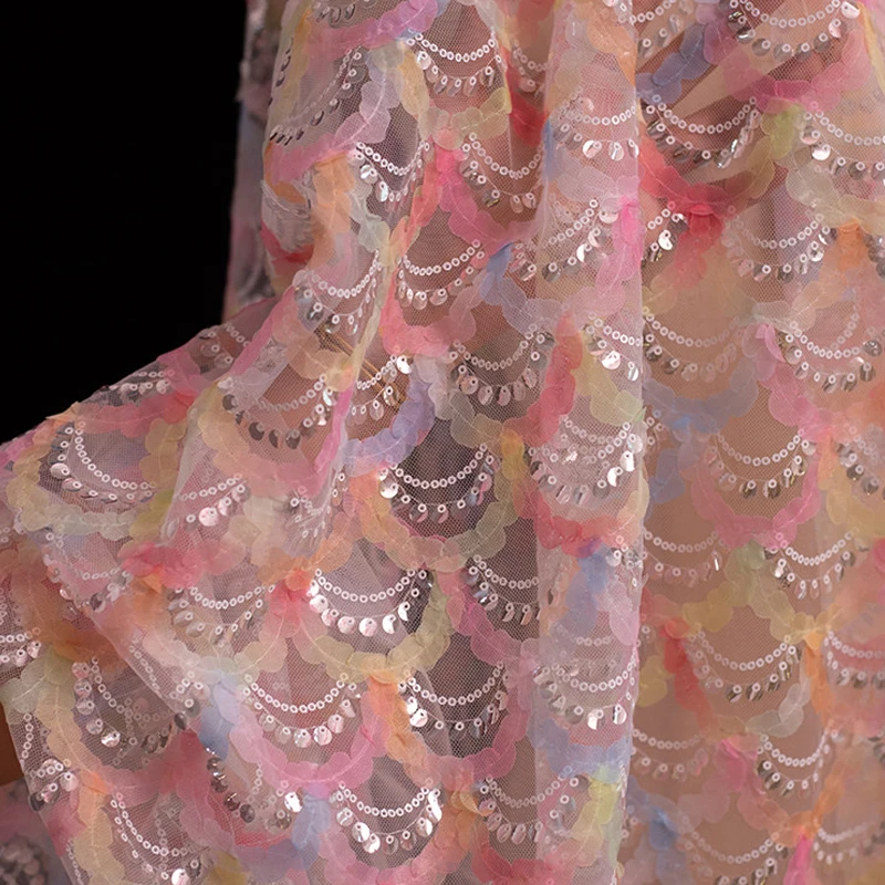 

50cm Fan-Shaped Sequined Embroidery Mesh Fabric Colorful Flower Mesh Cloth for Dress Evening Gown Cheongsam DIY Sewing
