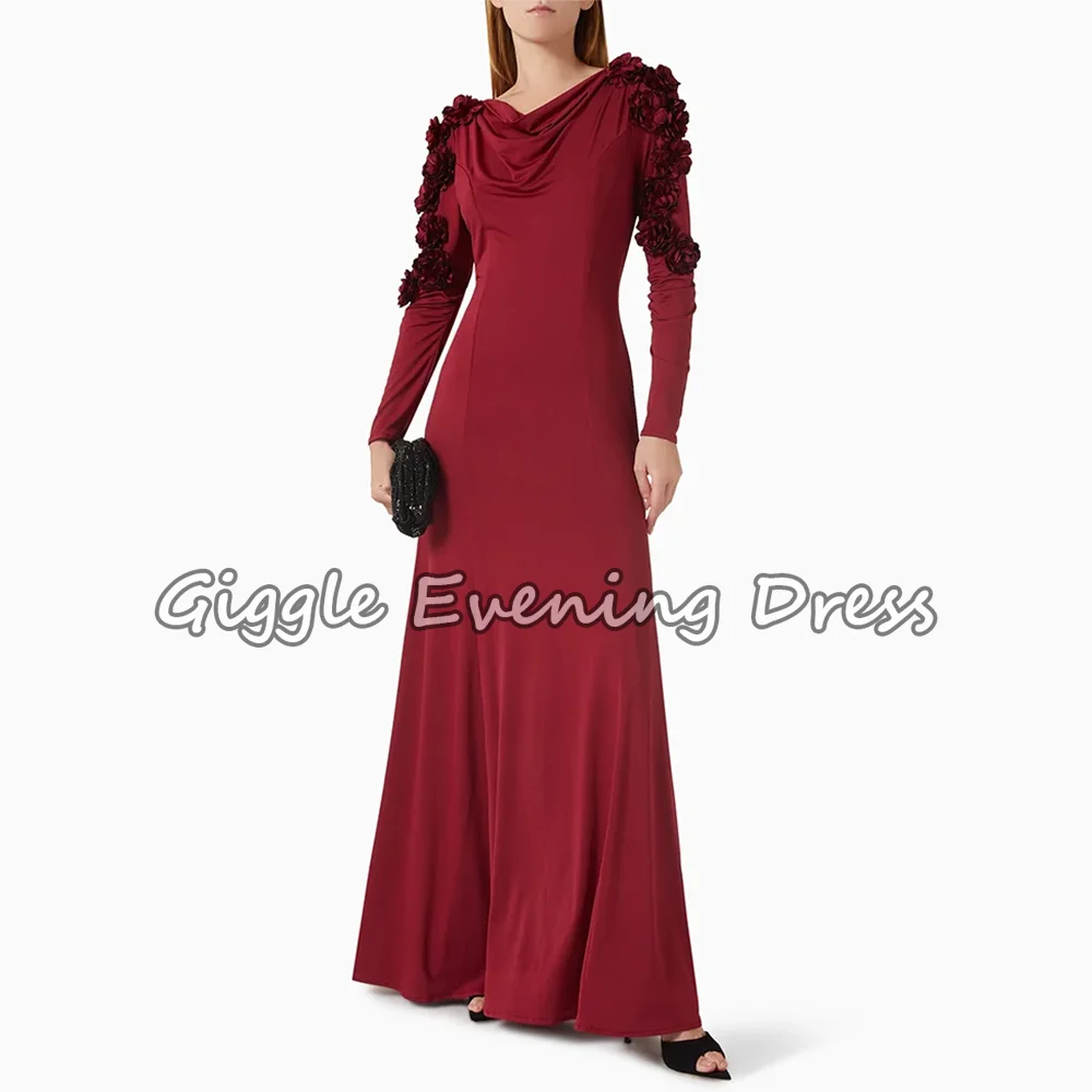

Simple Burgundy Boat Neck Jersey Straight Casual Party Dress with Modern Hand Made Flower Long Sleeve Prom Gowns Evening Dresses