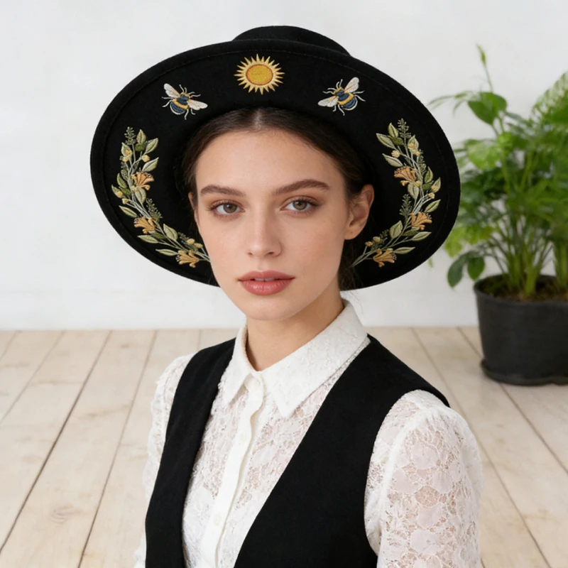 Gothic Witch Hat Women Black Wide Brim Fedora Hat Floral Sun Bee Botanical Witchcore Dark Academia Halloween Costume Party Props
