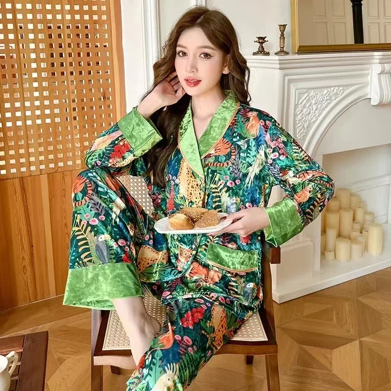 Sleepwear Women Spring Autumn Long Sleeve High Quality Pajamas Sets Long Sleeve Vintage Women Clothing Korean Chic Homewear Set