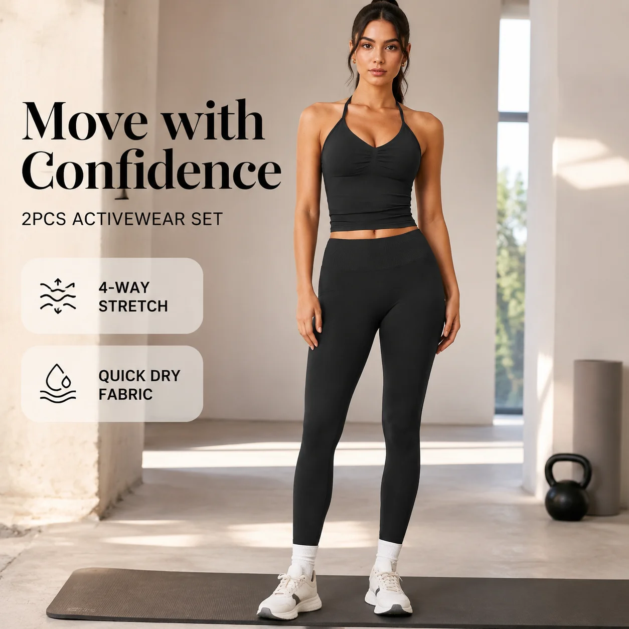 Women 2PCS Halter Neck Ruched Crop Tank & High Waist Ribbed Leggings Set Scrunch Soft Stretchy Quick Dry Yoga Activewear Matchin