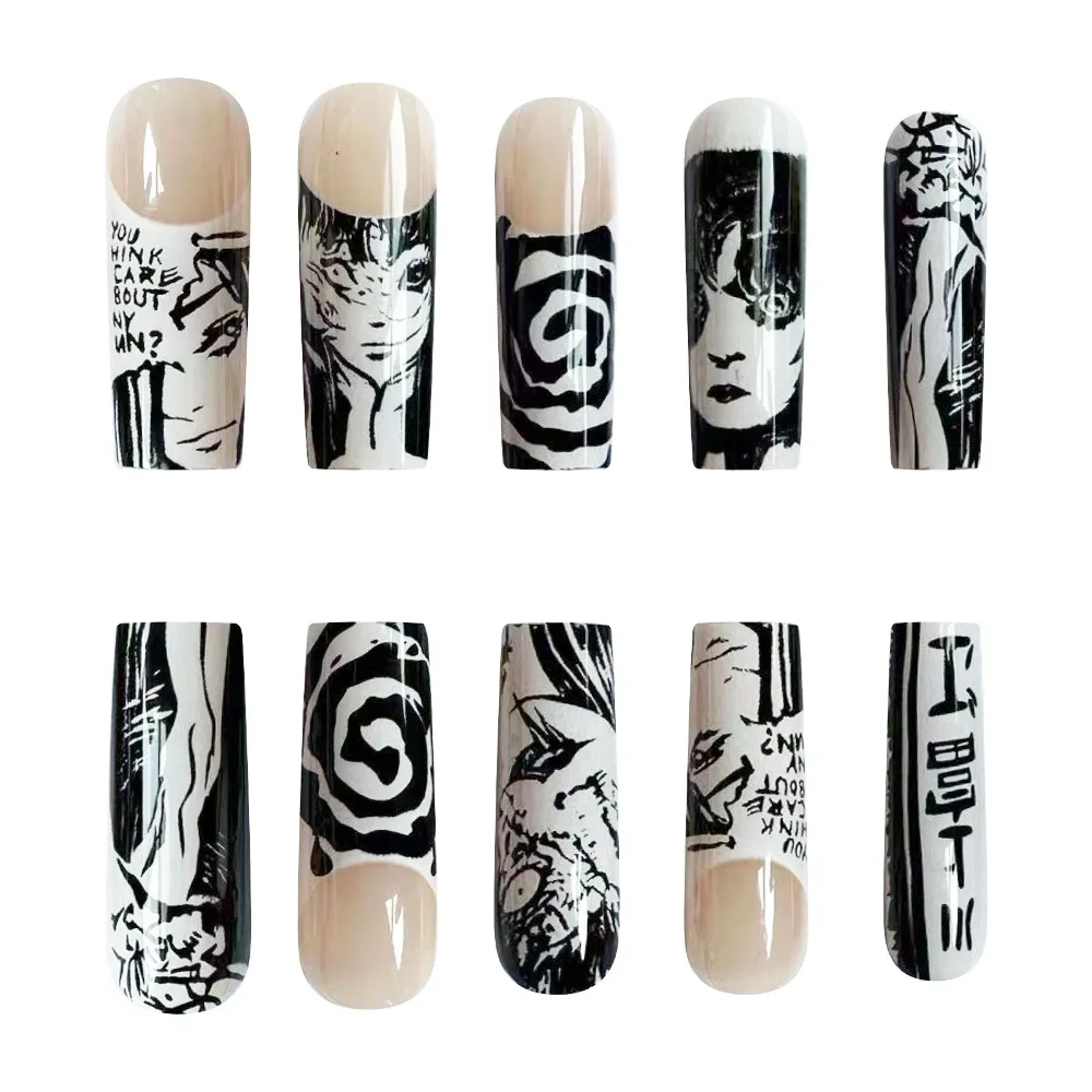 French Manga Printing Fake Nails Coffin Tips Y2k Faux Ongles Press on Acrylic False Nail Supplies