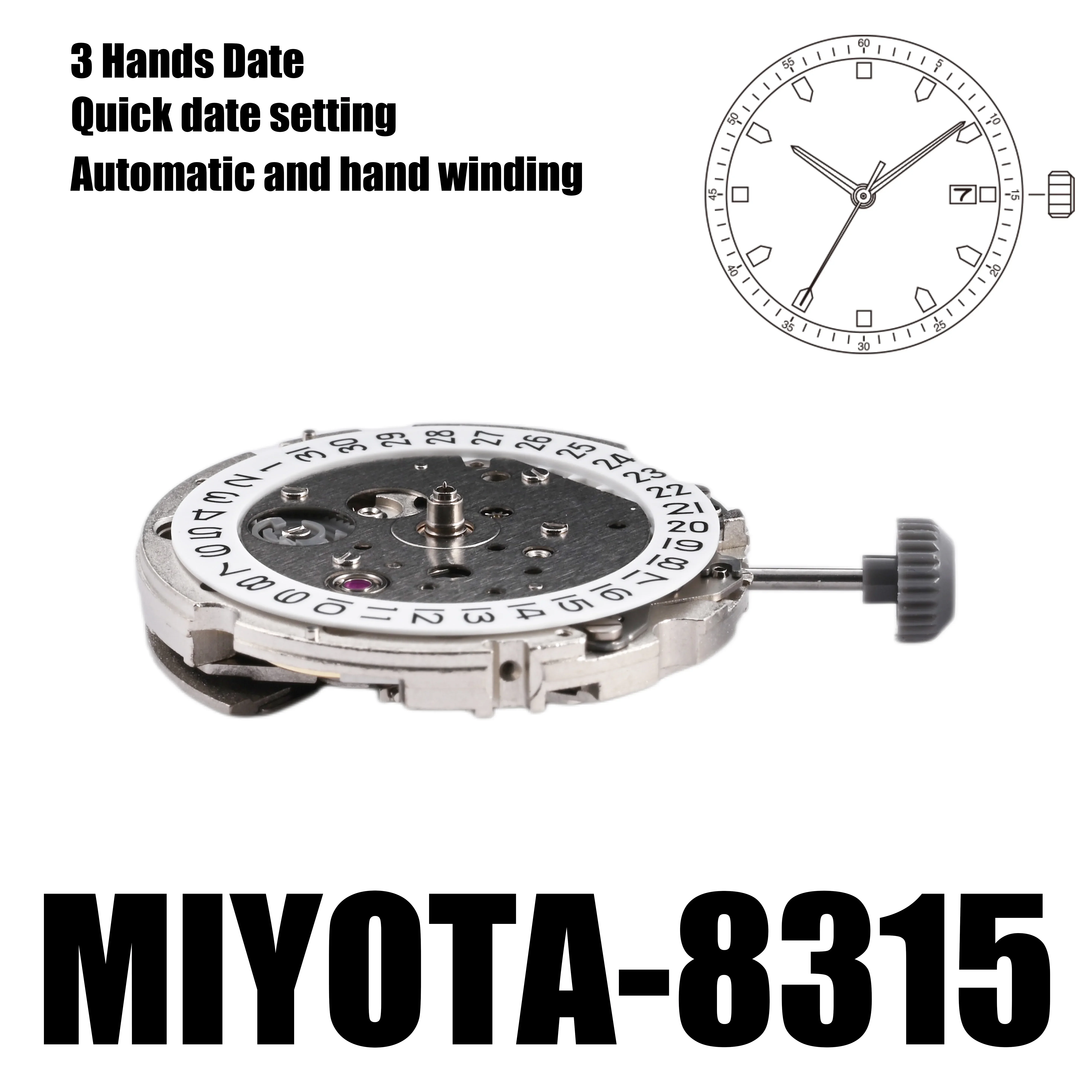 8315 Movement Miyota 8315 Movement Automatic Size: 11 1/2\'\'\'Automatic and hand winding Quick date setting Stop second device