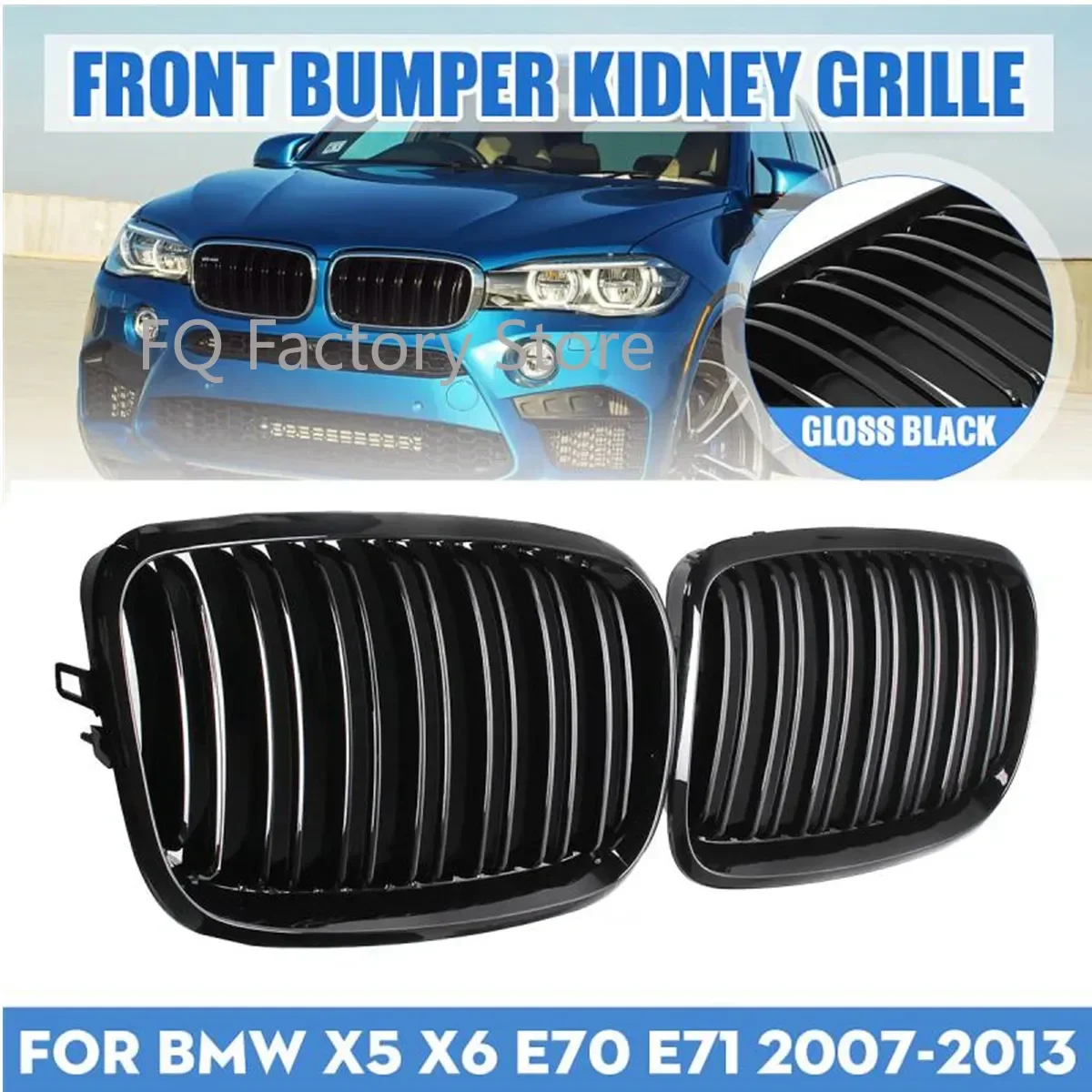 

Pair Car Style Gloss Black Front Kidney Double Slat Grill Grille For BMW X5 E70 2007-2013 X6 E71 E72 2008-2014 Racing Grill