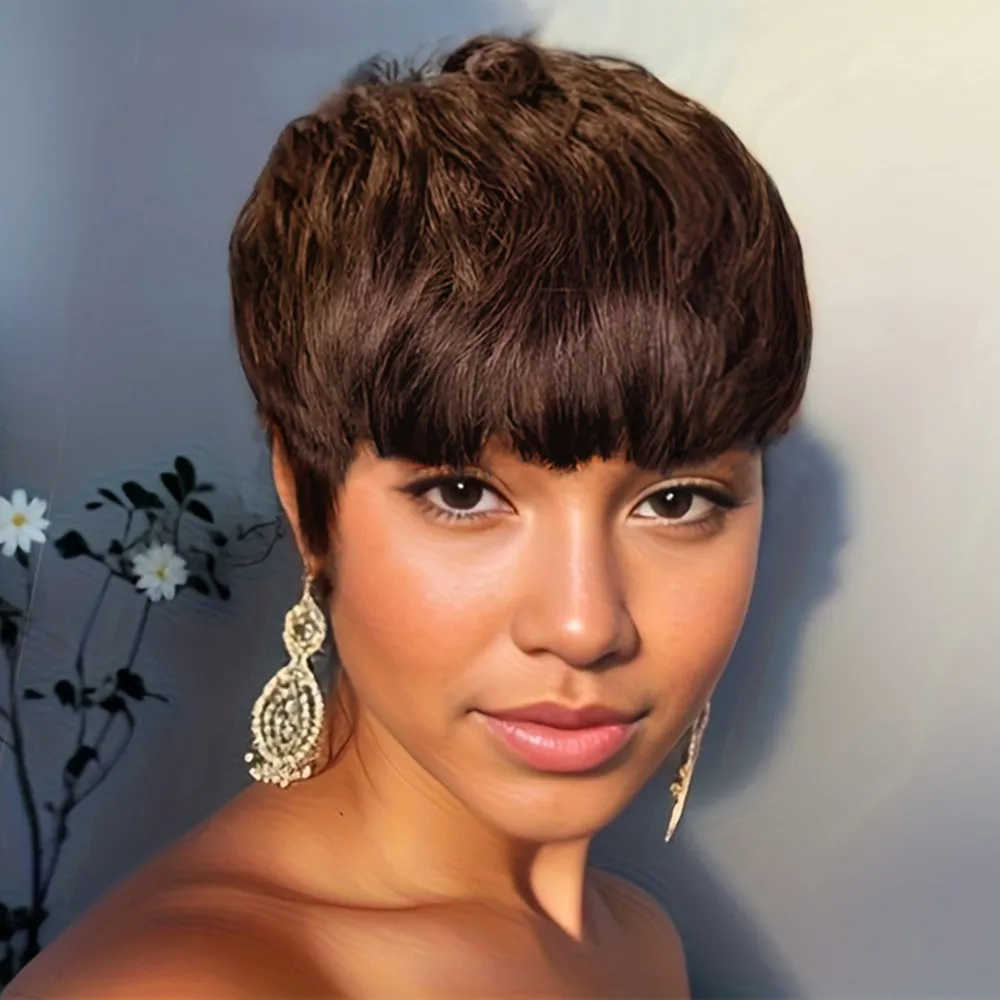 

Парик с стрижкой пикси, машинное производство, парик пикси, черный, коричневый цвет для женщин, парик для повседневного использования, короткий прямой парик из человеческих волос