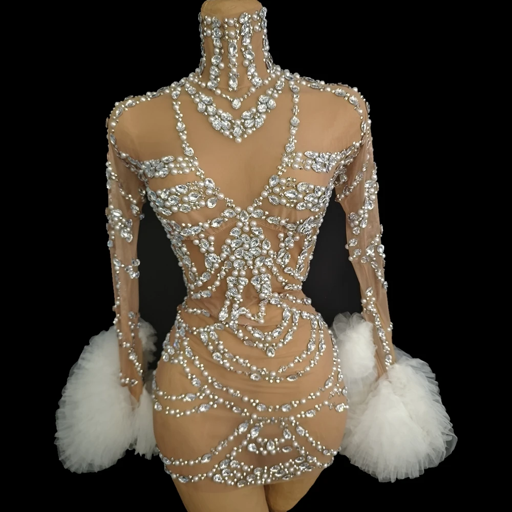 سباركلي الراين اللؤلؤ فستان قصير المرأة مثير شفافة عيد ميلاد احتفال مساء فستان المرحلة زي صورة تبادل لاطلاق النار ارتداء