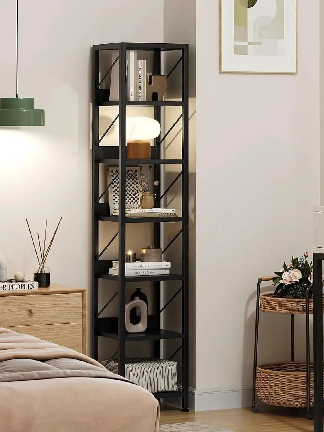 Narrow 6-Tier Tall Skinny Bookshelf – Rustic Industrial Metal Frame Corner Bookcase – Compact Freestanding Storage Rack for Bedr