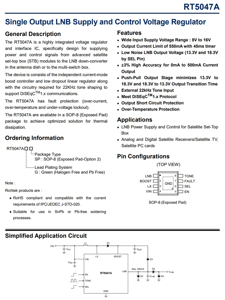 RT5047AGSP SOP-8 5PCS Single Output LNB supply and control Voltage Regulator RT5047A SOP8 Power management chip DC DC