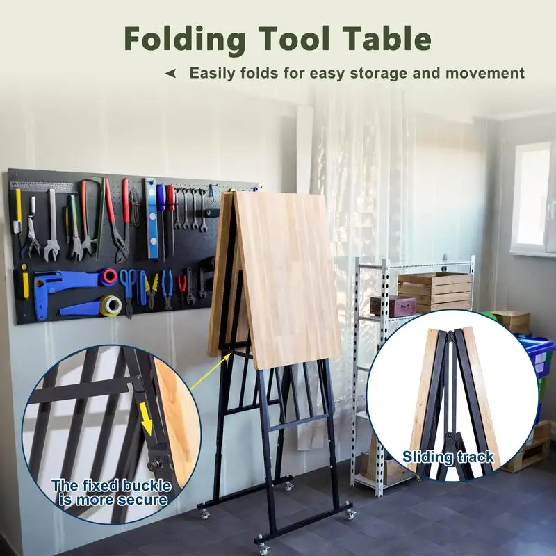 منضدة عمل قابلة للطي شديدة التحمل - طاولة أدوات محمولة من الخشب مع عجلات قفل وإطار فولاذي سريع الانهيار