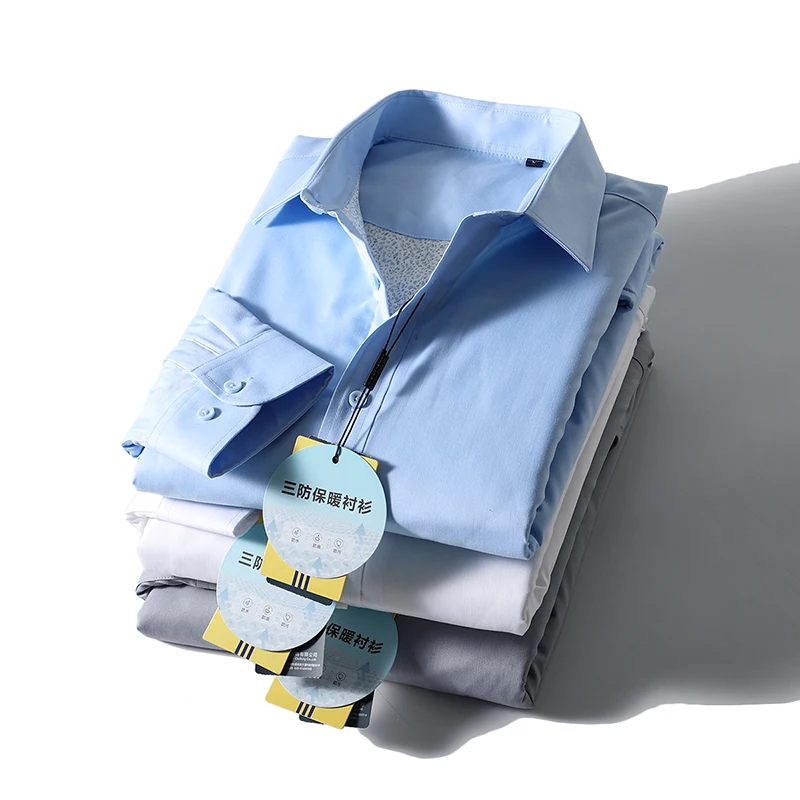 

Утепленная зимняя повседневная рубашка с длинным рукавом для мужчин из смесовой ткани с технологией защиты от разрывов и добавлением шерсти