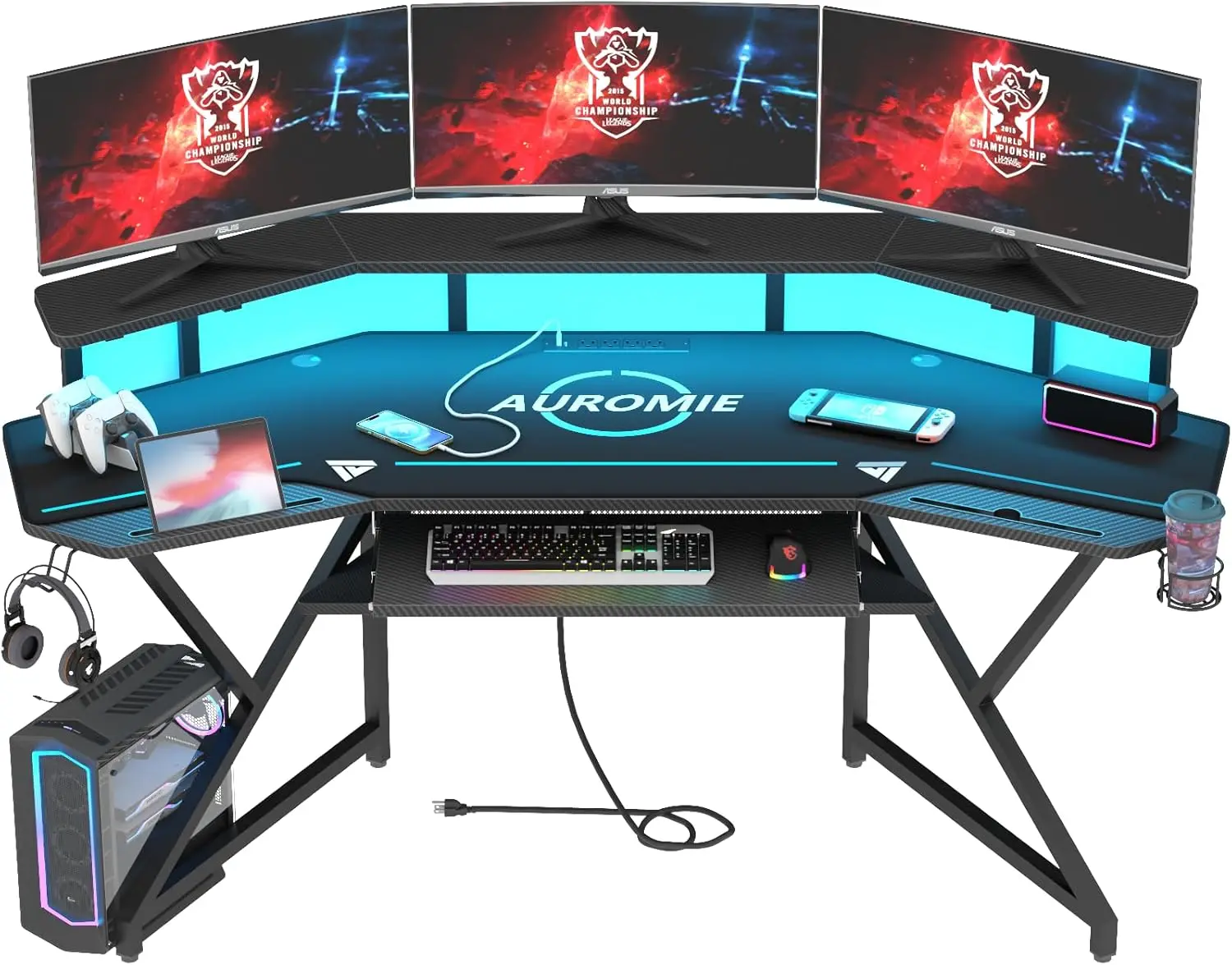 Gaming Desk with Power Outlet & LED Light, 72