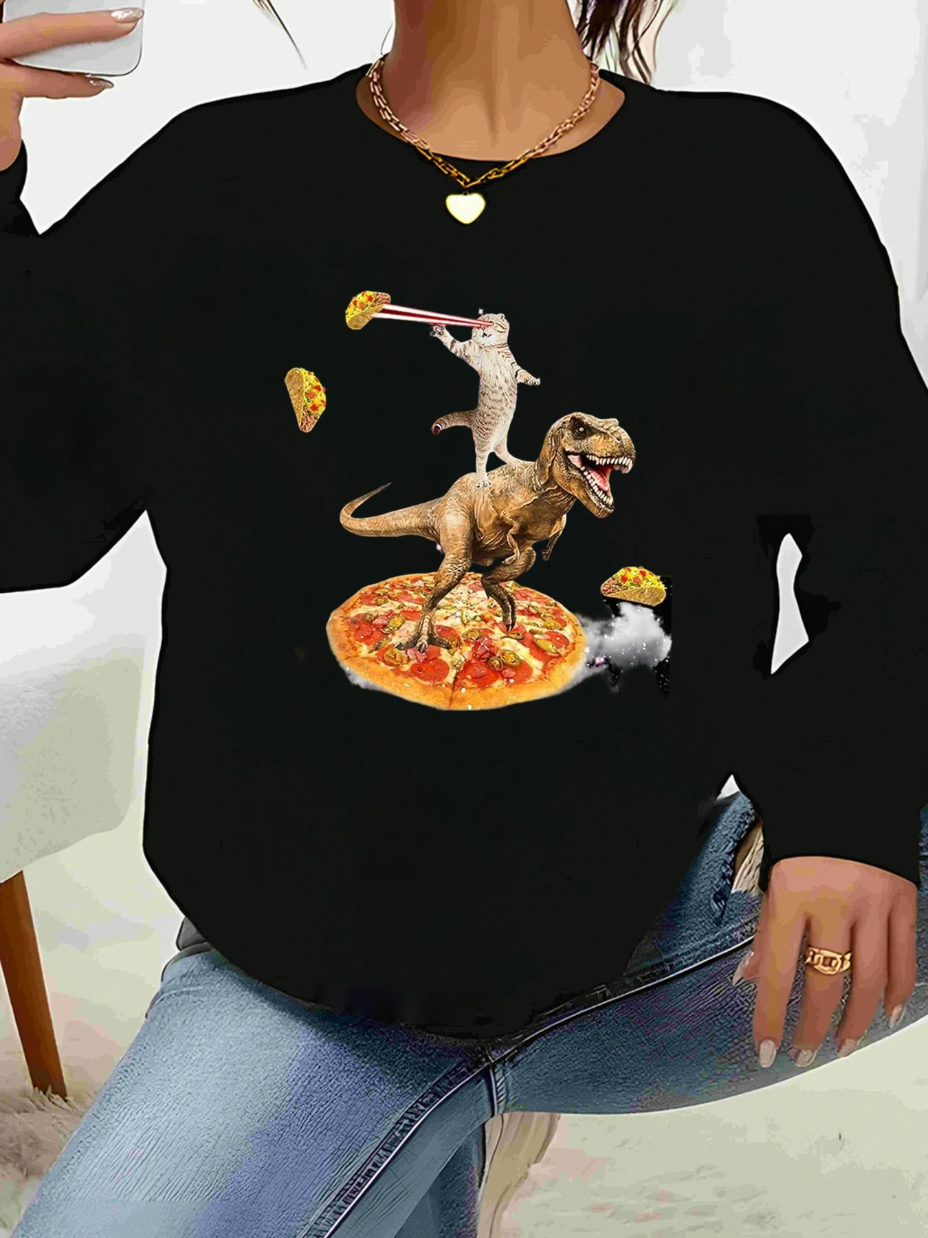 

Толстовка с принтом динозавра, пиццы и кота, повседневная одежда на Хэллоуин, женский топ