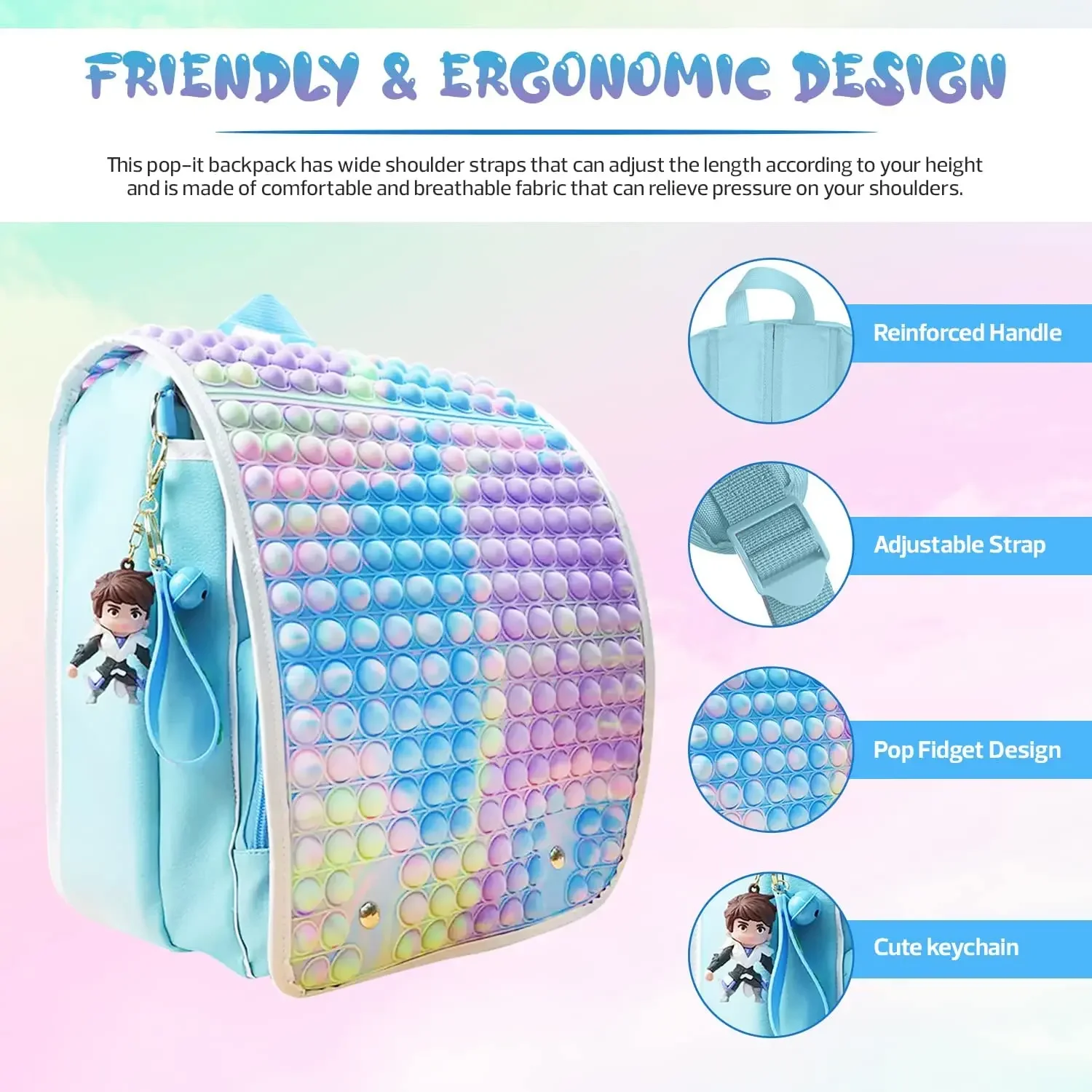 Rainbow Pop School Backpack Fidget Backpack for Kids Teenagers Girls & Boys Adjustable Waterproof Book Bags ADHD Anxiety Relief