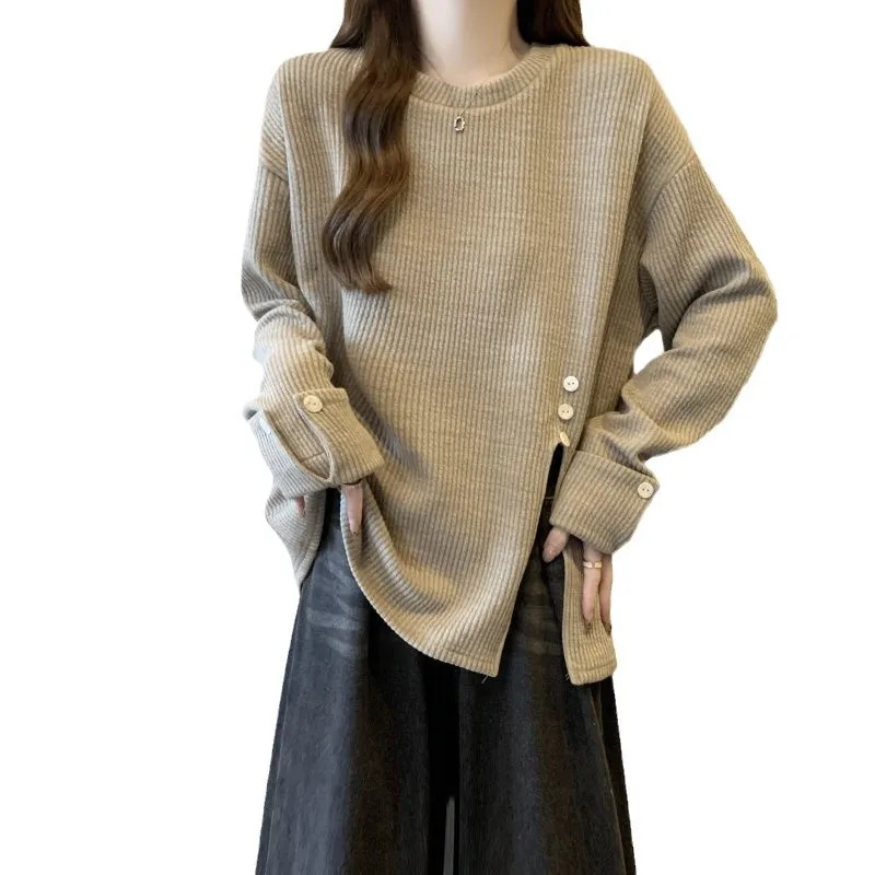 Large Size Women's Clothing Spring And Autumn New Casual Loose And Thin Texture Pit Strip Split Long-sleeved T-shirt
