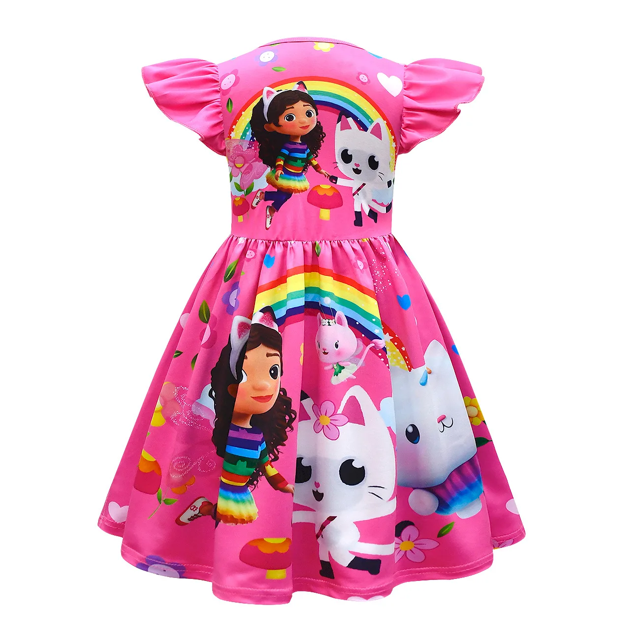 Cartoon Gabby Cats Baby Girl Dresses Kids Gabby\'s Doll House Clothes Cosplay Costume Children Fly Sleeve Casual Dress + Headband