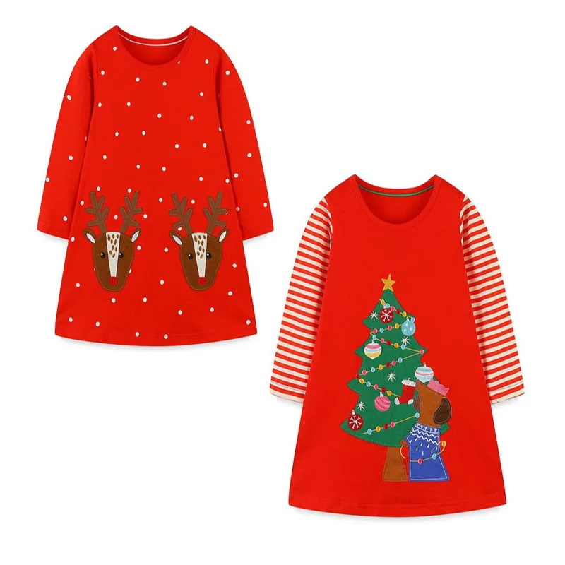 

Jumping Meters 2-7T New Year Children's Girls Dresses Trees Long Sleeve Cartoon Baby Clothes Princess Girls Frock Costume