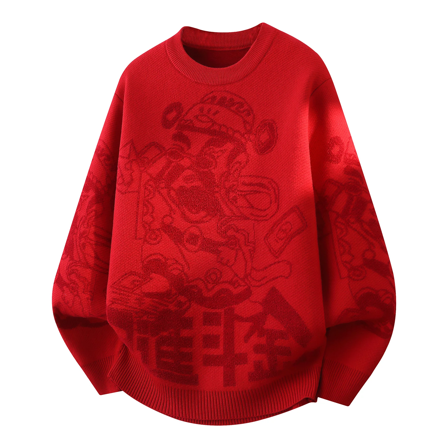 

Красный вязаный свитер свободного кроя с круглым вырезом, мужской модный брендовый трикотаж с символикой китайского зодиака, осенне-зимняя повседневная одежда
