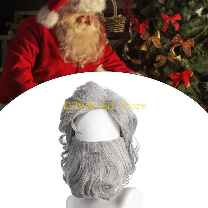 49MF Santa and Beard Set Santa Mustache Gray Christmas Fancy Dress Costume Gray Santa Clauses Hair with Beard Gifts