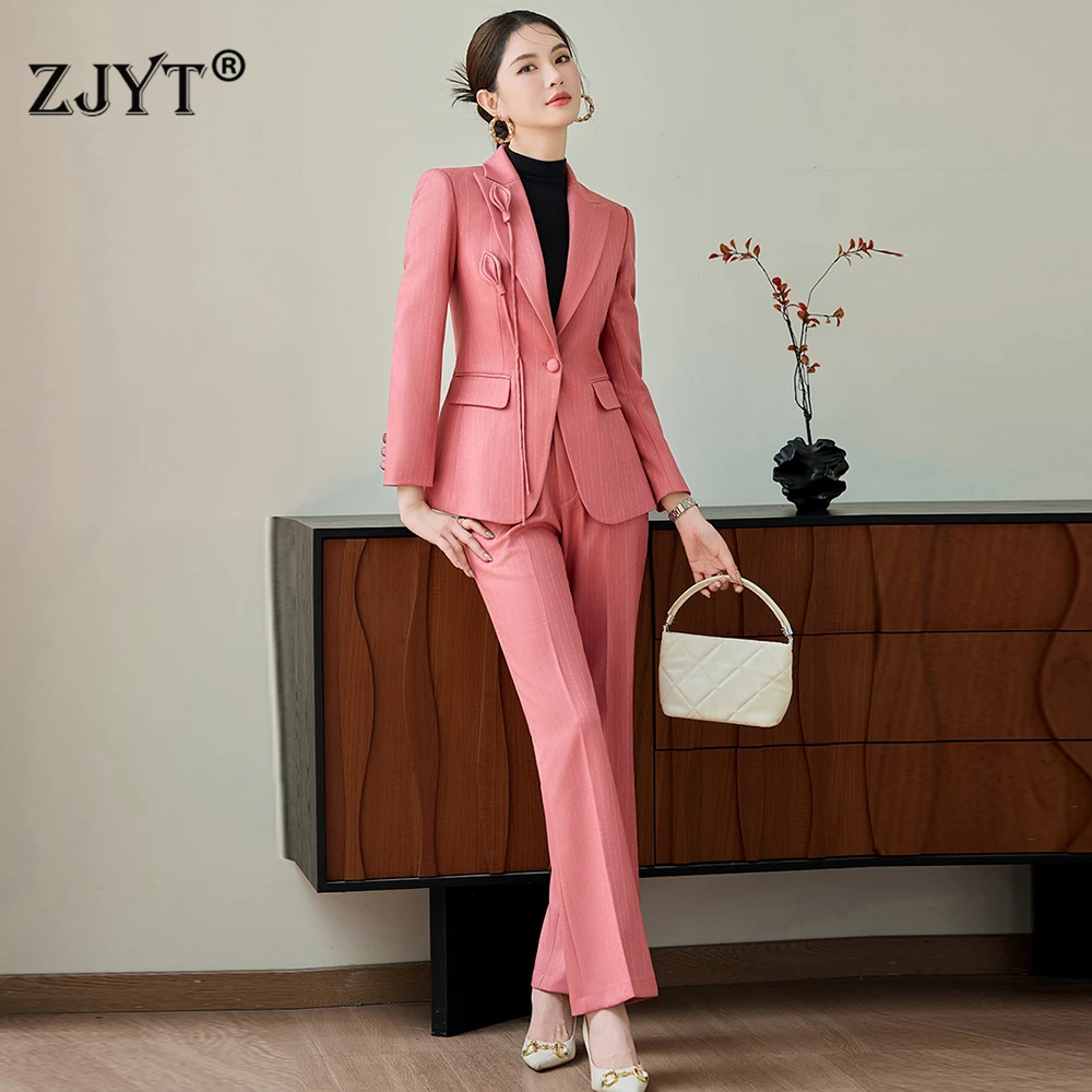 

ZJYT Designer Elegant Autumn Women Blazer Suit Trousers 2 Piece Long Sleeve 3D Floral Jacket and Pant Sets Plus Size Work Wear