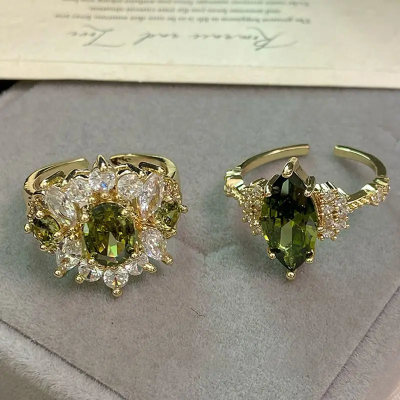 

Retro Luxury Open Ring Olive Green Zirconia New Design Fashion Jewelry for Women Non-Adjustable Alloy Ring Versatile Wear