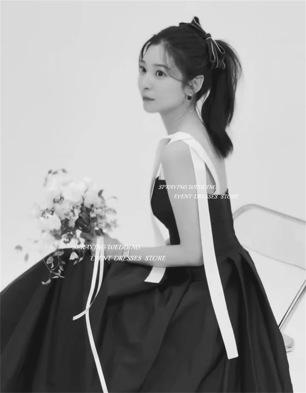 SPRAYING Elegant Taffeta Black Evening Dresses Korea Wedding Photo Shoot O Neck Strap A line Long Party Dress Corset Customized