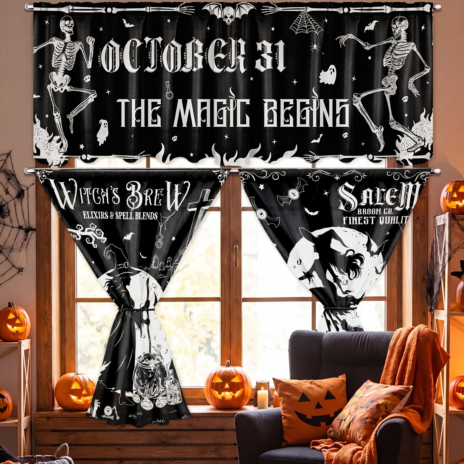  Gothic Halloween Kitchen Curtains with Skeleton Witch Tombstone Magic, Black White Vintage Spooky Style for Halloween Set