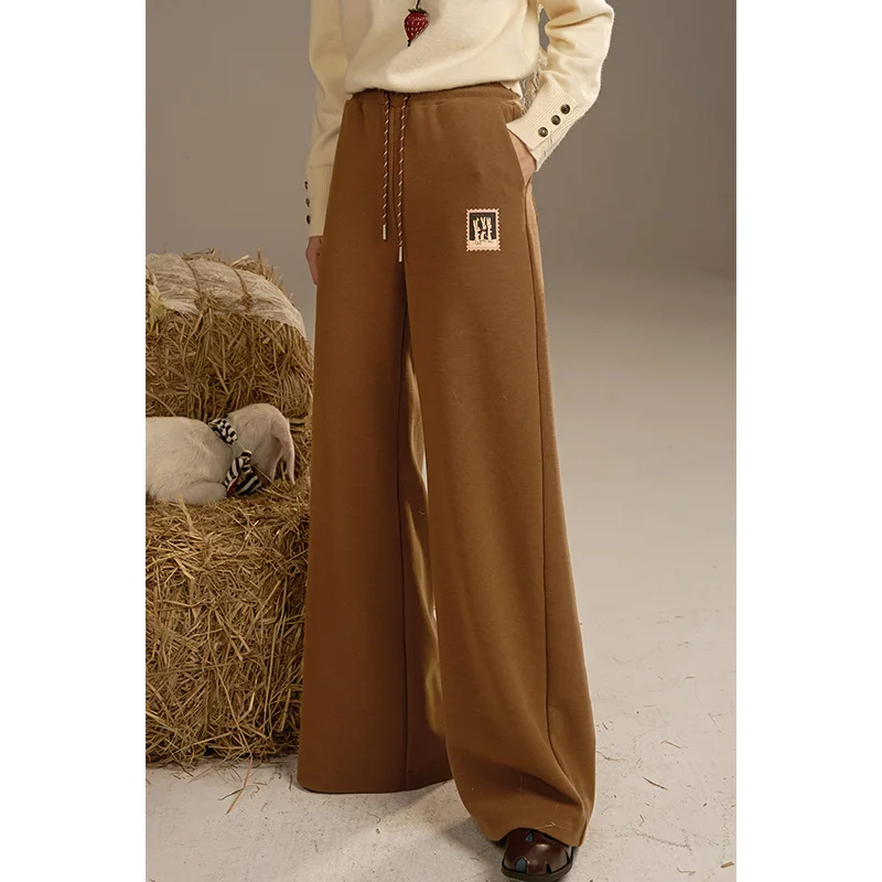 ELFSACK 2025 秋の新作 カジュアルスタンプ風プリント ドローストリング ワイドレッグ スウェットパンツ レディース