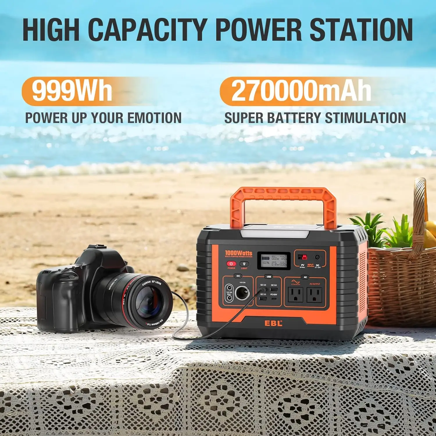 Portable Power Station Voyager 1000, 110V/1000W Solar Generator(Surge 2000W), 999Wh/270000mAh High Lithium Battery for